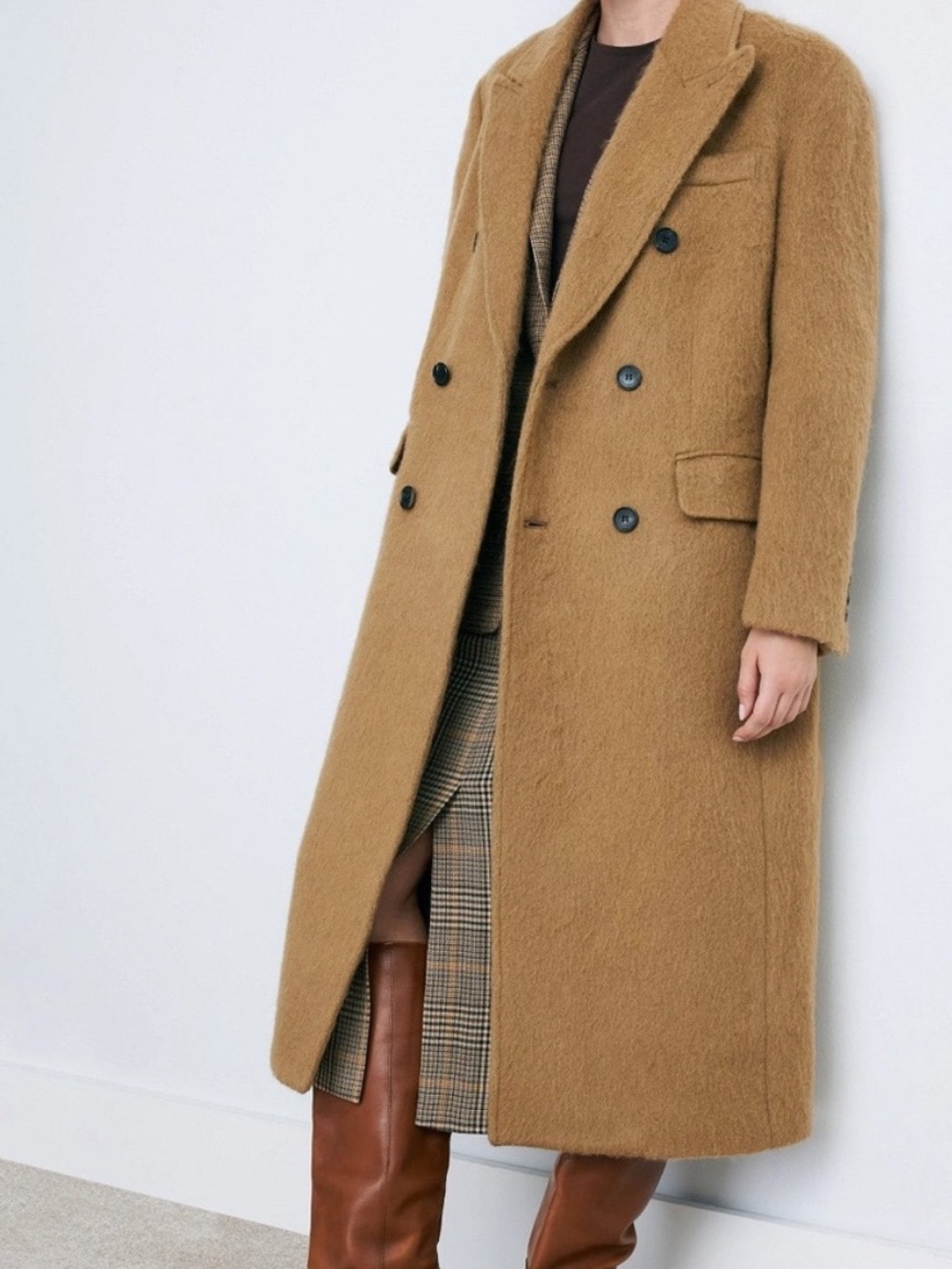 Womens Double-Breasted Camel Long Coat